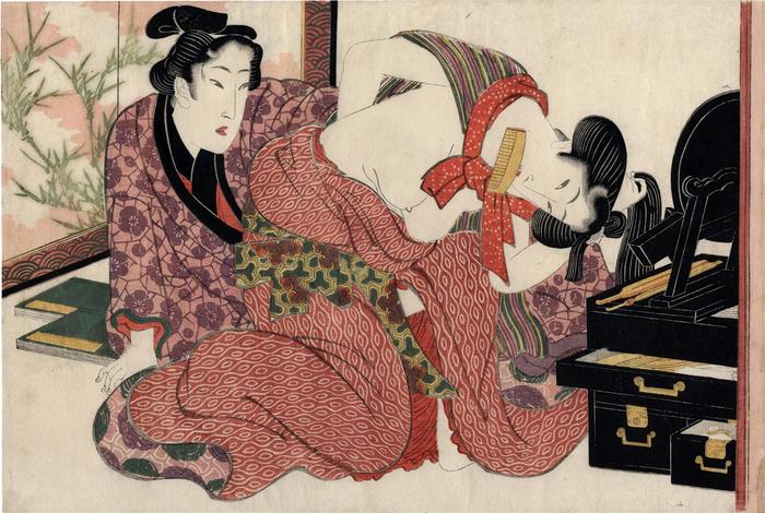 Lovers in front of a mirror from the series 'Secret Conversations with Courtesans' (<i>Keisei higo</i> - 契情秘語)