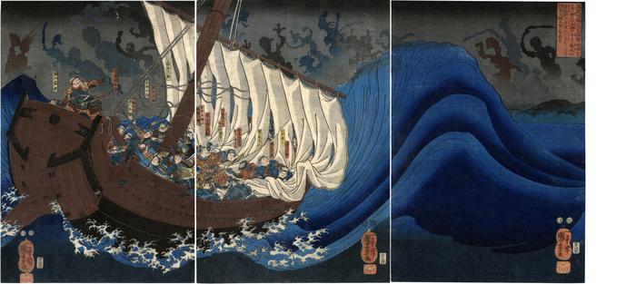 Yoshitsune's ship attacked by ghosts of the Taira warriors at Daimotsu Bay - 大物浦平家の亡霊