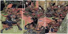Triptych of Musashibō Benkei (武蔵坊弁慶) capturing Tosabō during the night attack at Horikawa (<i>Horikawa yo uchi</i> - 堀川夜討)