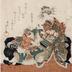 <i>Surimono</i> parody of the armor-pulling scene, the <i>kusazuribiki</i> [草摺引], of the Soga brothers tale: Asahina and a courtesan holding a spindle represented by <i>bunraku</i> puppets