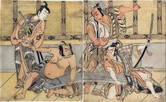 Matsumoto Kōshirō II as Hata no Daizen Taketora and Ichikawa Yaozō II as Kujaku no Saburō on the right, Nakajima Mihoemon II as Aramaki Mimishirō and Nakamura Shōchō as Ōtomo no Kuronushi (or Ki no Tsurayuki) on the left in the play <i>Kuni no Hana Ono no Itsumoji</i> ['Flowers of Japan: Ono no Komachi's Five Characters' - 倭花小野五文字]