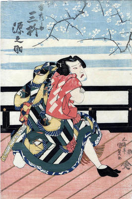 Mimasu Gennosuke I (三枡源之助) as Ikazuchi Tsurunosuke (雷鶴之助) - left panel of a triptych from the play 'Maples and Deer: The Long Sleeves of the Soga Brothers' (<i>Momiji ni shika furisode Soga</i> -紅葉鹿振袖曽我）