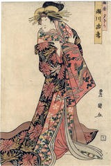 Segawa Rokō III (瀬川路考) as the courtesan Yūgiri (夕きり) of the Ōgiya house in the play <i>Tayū Shibaraku Yukari no Tsukimi</i> (太夫暫由縁月視)