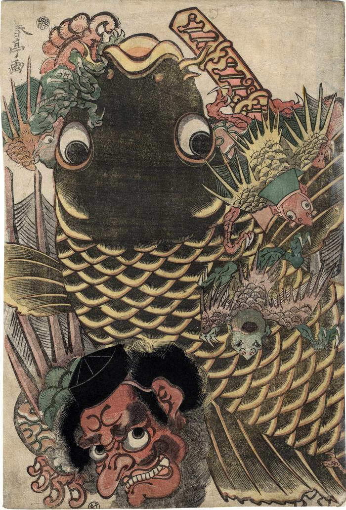 Tengu and carp - left panel of a diptych