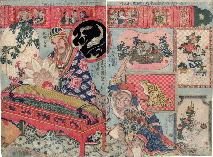 A Wheat Straw Crafted Spectacle (<i>Mugiwara hari saiku shō utsushi</i>: 麦藁細工見世物) - the two right-hand panels of a four piece composition