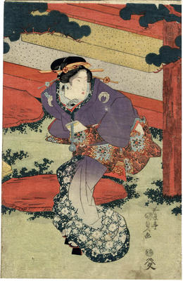 A beautiful, elegant woman standing outside the entry to a building which houses the Chūshuntei restaurant [柱春亭]  - center panel of a triptych