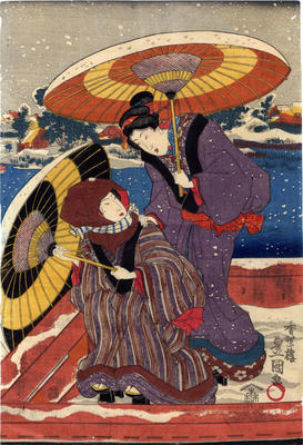 Two <i>bijin</i> traveling aboard a boat in winter