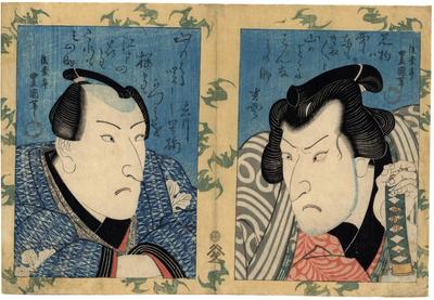 Ōkubi-e: double bust portrait with bats in the border with Bandō Mitsugorō III on the right as Nuregami Chōgorō