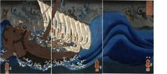 Yoshitsune's ship attacked by ghosts of the Taira warriors at Daimotsu Bay - 大物浦平家の亡霊