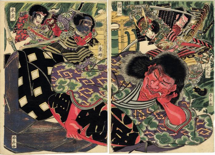 Yorimitsu (頼光) and his men (Suetake - 末武, Kintoki - 金時 and Sadamitsu - 定光) killing the monster of Oeyama, Shuten-dōji [酒呑童子] - these are the middle and right-hand panels of a triptych