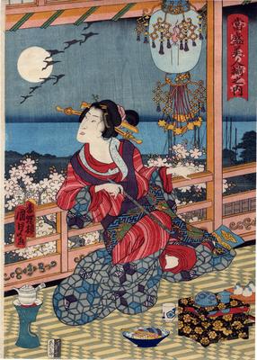 Bijin watching geese flying across the full moon -  from the series <i>Tōsei bijin soroe no uchi</i> 當盛美人揃之内 - 'A Collection of Modern Beauties'