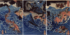 On the sea at Mizumata in Higo Province, Tametomo is shipwrecked in a storm (<i>Higo no kuni Mizumata no kaijō nite Tametomo nampū chii</i> - 肥後国水股の海上にて為朝難風に遇う) 
