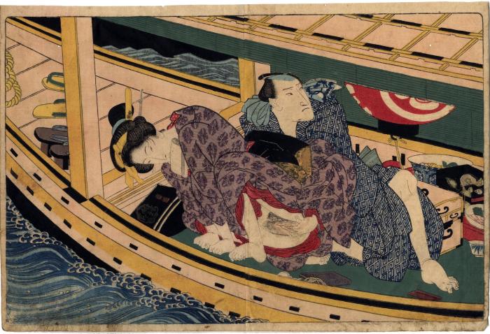 From volume 2, a couple having sex in a boat from <i>In Praise of Love in the Four Seasons</i> (<i>Shunka shūtō, Shiki no nagame</i> - 春夏秋冬 - 色の詠)