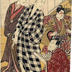Nakayama Tomisaburō I standing next to Matsumoto Koshirō V in the checkered robe, Ichikawa Danjurō VII in makeup and Onoe Eizaburō I seated and holding a scroll - this is the left panel of a triptych entitled <i>Edo shibai sangai no zu</i> ('The 3rd Floor of an Edo Theater' - 江戸芝居三階之図)