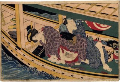 From volume 2, a couple having sex in a boat from <i>In Praise of Love in the Four Seasons</i> (<i>Shunka shūtō, Shiki no nagame</i> - 春夏秋冬 - 色の詠)