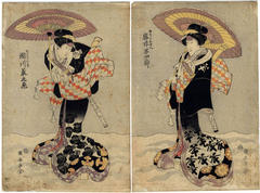 Iwai Hanshirō V (岩井半四郎) on the right as Gokuin no Osen (極印のお千) and Segawa Kikunojō V (瀬川菊之丞) on the left as Hotei no Oichi (布袋のお市) - two panels of a larger composition