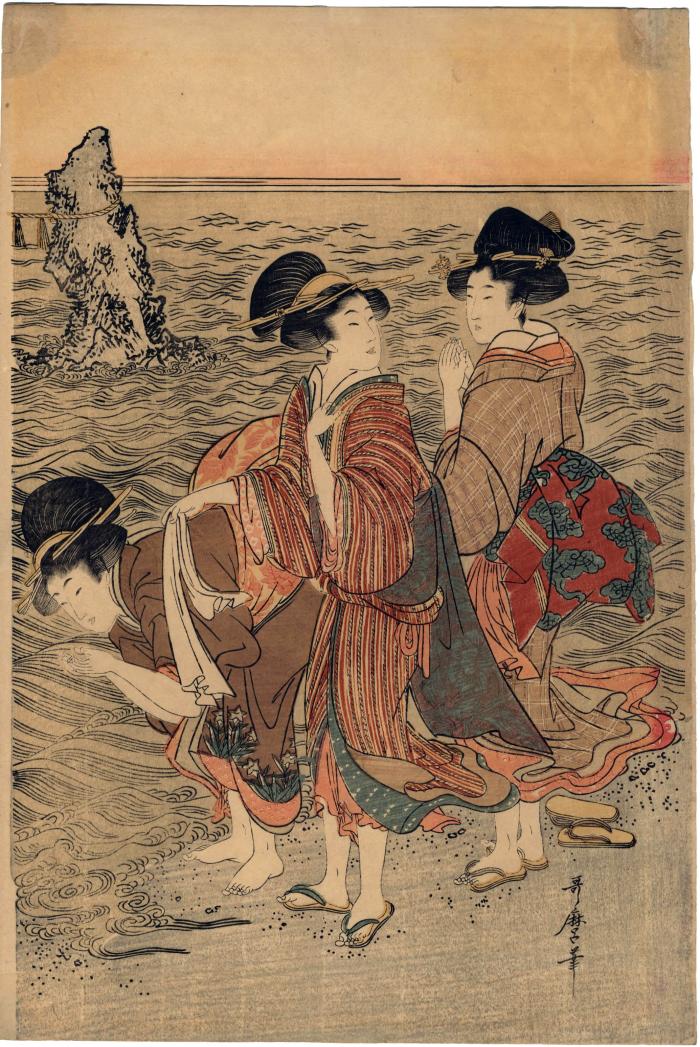 Center panel of <i>Women at the beach of Futami-ga-ura</i> at sunrise [二見 カ浦日の出]