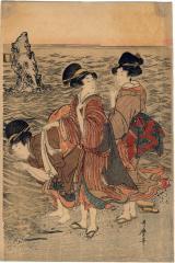 Center panel of <i>Women at the beach of Futami-ga-ura</i> at sunrise [二見 カ浦日の出]