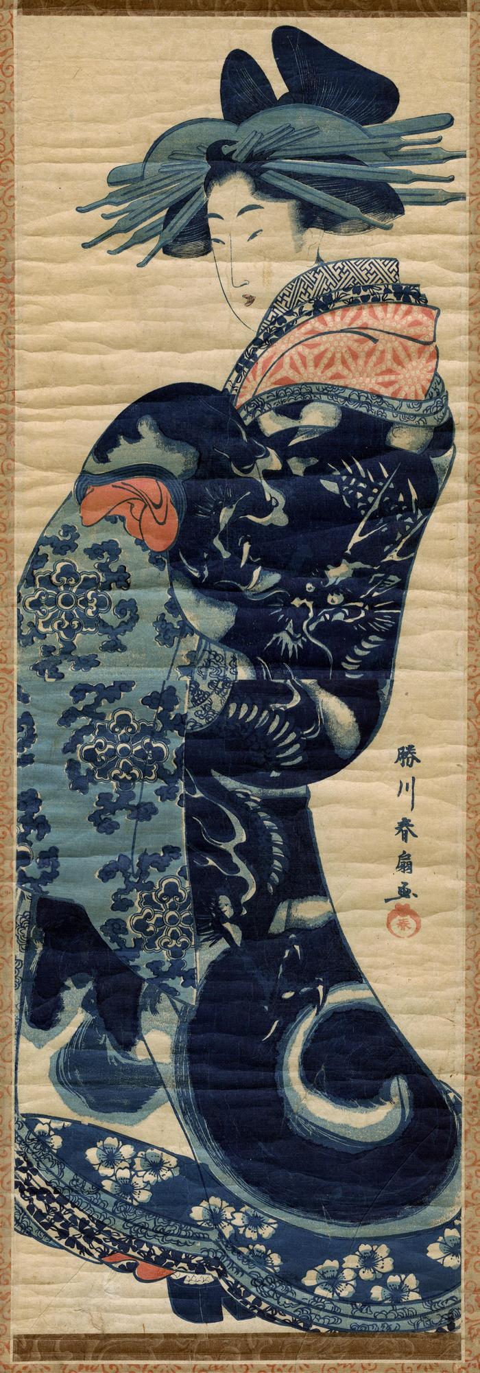 An elegant <i>oiran</i> wearing a winter kimono decorated with a dragon.