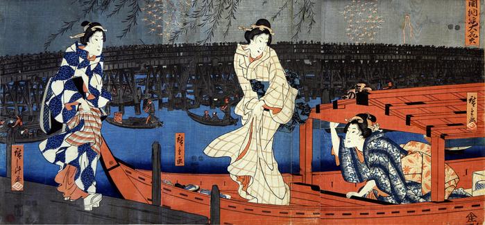 Triptych of the Great Summer Fireworks at Ryōgoku Bridge (<i>Ryōgoku nōryō ōhanabi</i>: 両国納涼大花火)
