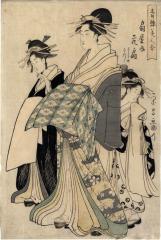 Hanaōgi (花扇) of the Ōgiya house (扇屋内) with <i>kamuro Yoshino</i> (よしの) and Tatsuta from the series <i>Comparison of Beauties of the Pleasure Quarters</i> (<i>Seirō bijin awase</i> - 青楼美人合)
