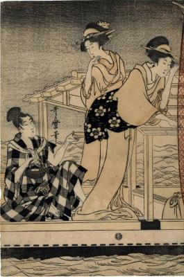 Pleasure boating on the Sumida with a scoop-net (<i>yotsude ami</i> - 四つ手網) - left panel of triptych