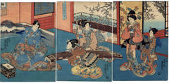 A Rustic Genji triptych - 'The Fragrance of Spring Brings Koto Music' <i>Kō ni sasou Haru no tsumeoto</i> - 香誘春爪音)