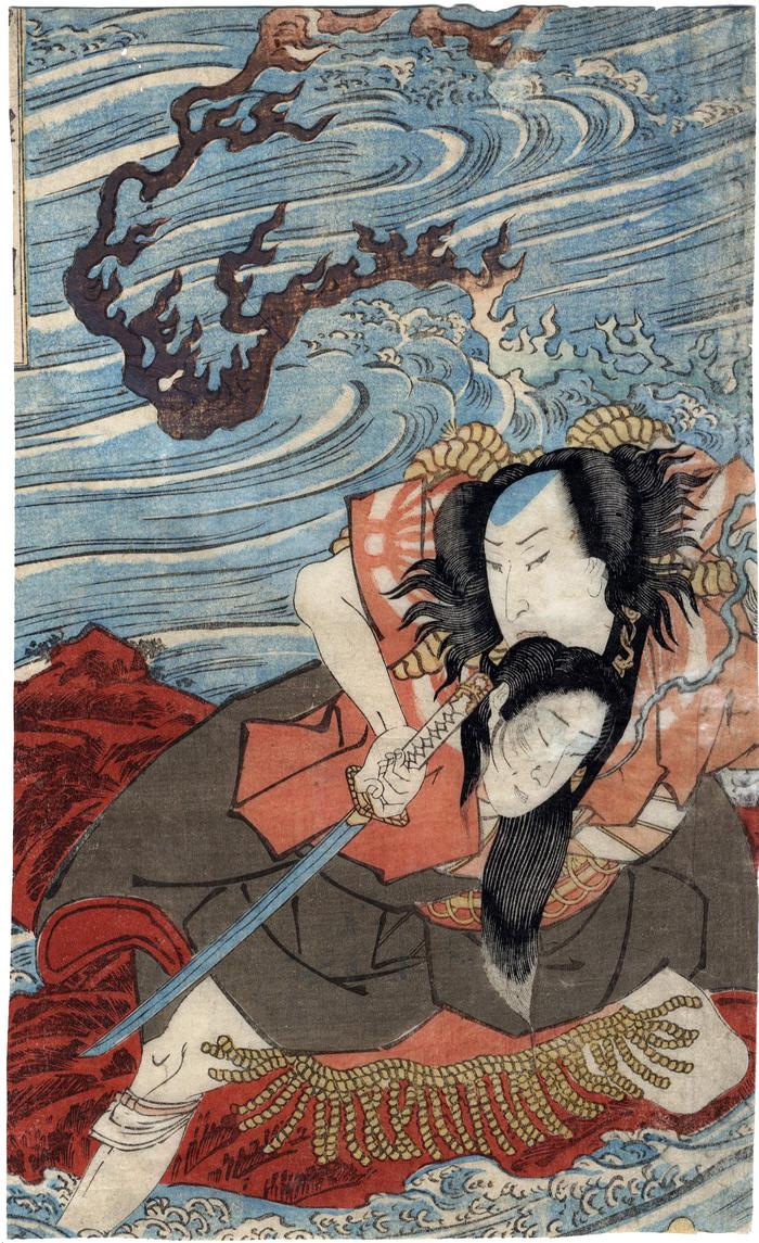 SAWAMURA TOSSHŌ I (澤村訥升) as Torii Matasuke [鳥井又助] with the severed head of a woman between his teeth - trimmed print - left panel of a diptych