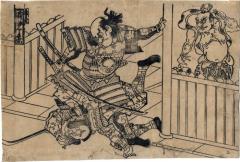 Mega Magosaburō Nagamune [妻鹿孫三郎長宗] at Battle of Tōji [束寺] number 3 (三 in the lower right) - from an untitled warrior series by Okumura Masanobu