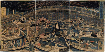 A cool evening watching fireworks at Ryōgoku Bridge, Edo (<i>Toto Ryōgokubashi Yusuzumi no zu</i> - 東都両国橋夕涼図)