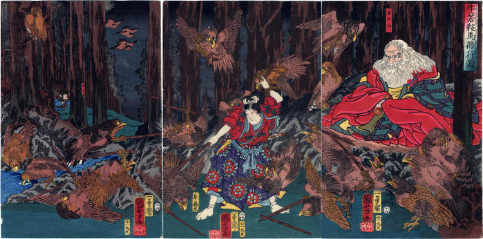 Ushiwakamaru being taught swordsmanship on Mt. Kurama (<i>Ushiwaka Kurama shugyō zu</i> - 牛若鞍馬修行図)