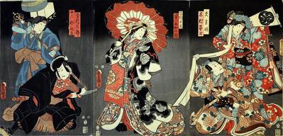 Iwai Kumesaburō III (岩井粂三郎) as Hisakata-hime (久方姫), Arashi Kichisaburō III (嵐吉三郎) as Kimura Tatewaki (木村帯刀) on the right; Nakamura Tomijūrō II (中村富十郎) as Sangoku no Tayū (三国太夫) in the center; Nakamura Nakasuke II  (中村仲助) as Kongōtarō (金剛太郎), Onoe Kikujirō II (尾上菊次郎) as the woman pilgrim Akitsuki (女六部秋月) on the left　　