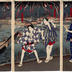 Five actors in casual attire in <i>A Cool Evening at Ryōgoku Bridge</i> (両国橋夕涼之図) - Onoe Kikugorō  V as 音羽屋清吉 and Ichikawa Sadanji I  as 高島屋藤助 on the right, Kataoka Gadō III as 松島屋房八 and Nakamura Fukusuke III as 成駒屋小文吾 in the middle and is a woman with the description Yanagibashi no ko Hide (柳橋の小ひで) on the left