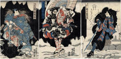 Ichikawa Ebizō V (市川海老蔵) as Toneri Matsuō (舎人松王) coming through the wall, Arashi Izaburō II (嵐猪三郎) as  土師の兵衛 in the center, while on the left is Sawamura Tosshō I (澤村訥升) as the real-life Sakuramaru (まれ世 実ハ桜丸), from the play <i>Sugawara Denju Tenarai Kagami</i> [菅原伝授手習鑑]
