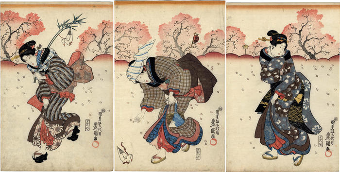 Pilgrimage to a shrine during plum blossom viewing time [<i>baika-mōde</i> - 梅花詣で]