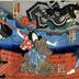 Triptych of Nakamura Jakunosuke (中村雀之助) as Arakoma Kotarō (荒駒小太郎) on the left; Sawamura Tanosuke III (沢村田之助) as <i>ryōshi</i> Onami (漁師おなみ); Ichimura Uzaemon XIII (市村羽左衛門) as Neko no Chunori (猫の中のり) the cat monster; Nakamura Shikan IV (中村芝翫) as Suwa Kazuemon (頂波数右衛門) from the play <i>Tōkaidō Iroha Nikki</i> [東駅いろは日記]