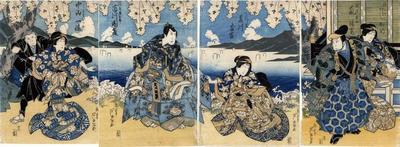 Arashi Kano I (あらし加納) as the wife Omatsu (嫁おまつ), Arashi Rikan II (嵐璃寛) as Watanabe Ryosuke (渡辺良助) on the right, Fujikawa Tomokichi II (藤川友吉) as Azuma (あづま) to the left of the previous one, Ichikawa Danzō V (市川団蔵) as Yodoya Tatsugorō (淀屋辰五郎) and Nakayama Ittoku II (中山一徳) as the gentlewoman Otsugi (こしもとおつぎ) on the left, in the play <i>Keisei Yanagizakura</i> [けいせい楊柳桜]