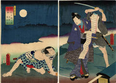 Iwai Kumesaburō III on the right as Shiranui Daijin (白縫大尽) and Asao Yoroku II on the left as  魔耶助 from the series <i>8 Views of Shiranui</i> (<i>Shiranui hakkei no uchi</i> - 白縫八景之内) - a <i>mitate</i>