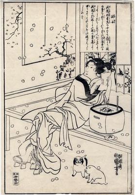 Key block or <i>tameshizuri-e</i> <i>oban</i> of a <i>bijin</i>, Kaji-jo the poetess of Gion, Kyoto, reclining on a balcony