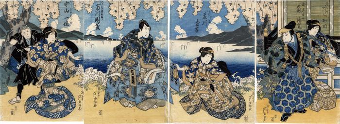 Arashi Kano I (あらし加納) as the wife Omatsu (嫁おまつ), Arashi Rikan II (嵐璃寛) as Watanabe Ryosuke (渡辺良助) on the right, Fujikawa Tomokichi II (藤川友吉) as Azuma (あづま) to the left of the previous one, Ichikawa Danzō V (市川団蔵) as Yodoya Tatsugorō (淀屋辰五郎) and Nakayama Ittoku II (中山一徳) as the gentlewoman Otsugi (こしもとおつぎ) on the left, in the play <i>Keisei Yanagizakura</i> [けいせい楊柳桜]
