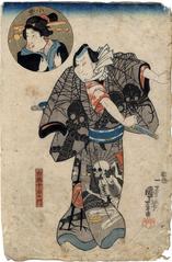 Sawamura Chōjūrō V [沢村長十郎] as Shiratsuka Jūemon (白柄十石工門) wearing a skull and spider kimono - the inset in the upper left is Bandō Shūka I as Komurasaki (小紫)