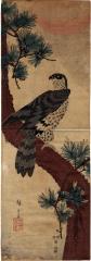 Falcon on Pine at Sunrise (松に鷹日の出)  