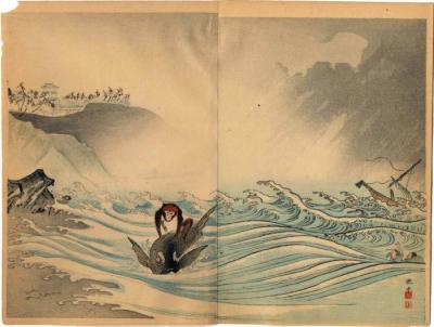 Illustration to Fontaine from volume 2 - fable of monkey riding on a dolphin (<i>Choix de fables de La Fontaine illustrées par un groupe des meilleurs artistes de Tokio sous la direction de P. Barboutau</i>)