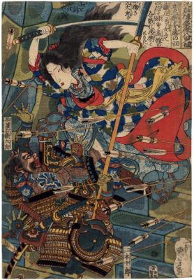 Izumi no Saburō Tadahira tsuma Fujinoe 泉三郎忠衡妻藤の江 Fujinoe, the wife of Izumi Saburō Tadahira) / <i>Honcho Suikoden goyu happyakunin no hitori</i> - 本朝水滸傳豪傑八百人一個 (<i>One of the Eight Hundred Heroes of the Water Margin of Japan, One by One</i>)